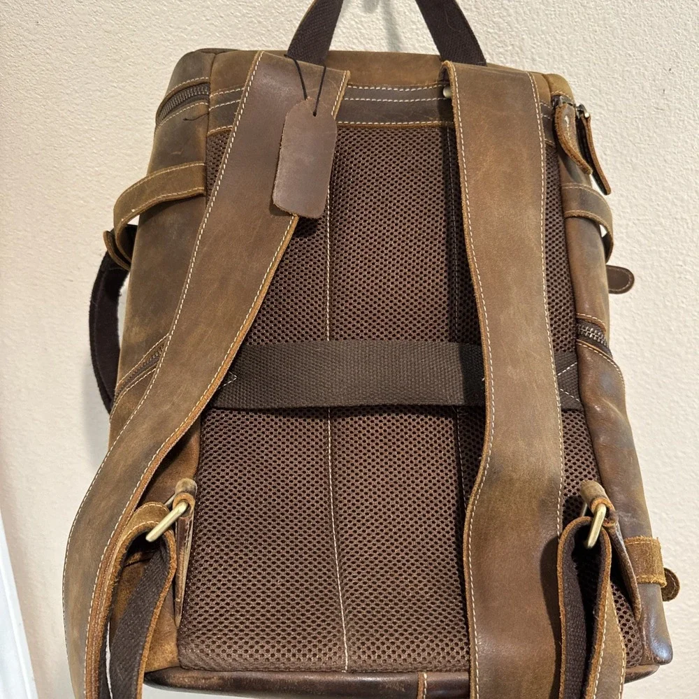 Leather Bag Laptop Backpack Genuine‎ Rucksack Vintage Travel Men's Brown 13x14